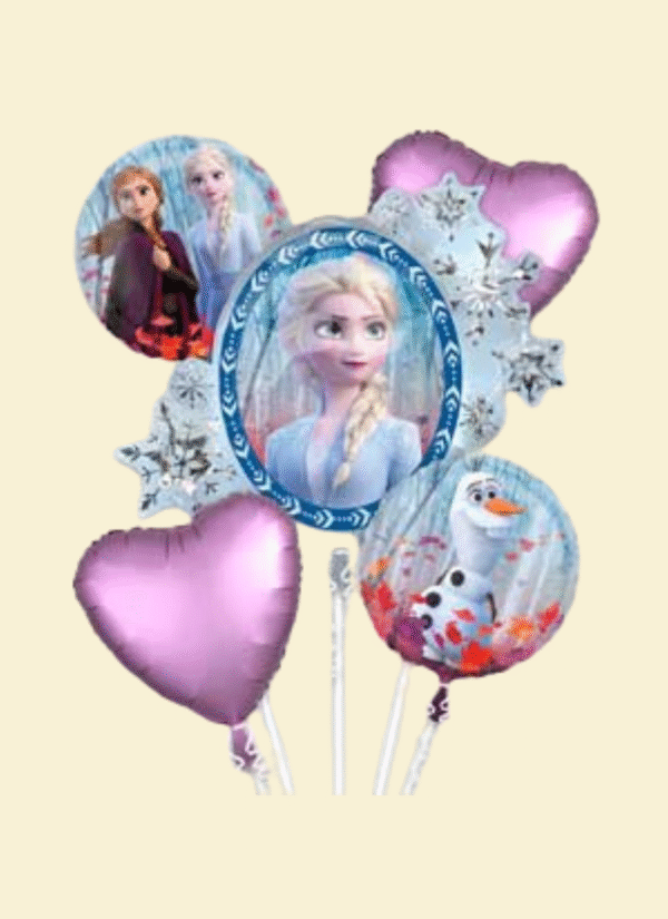 Helium balloon bouquet in Elsa colors with coordinating foil accents and ribbon weight.
