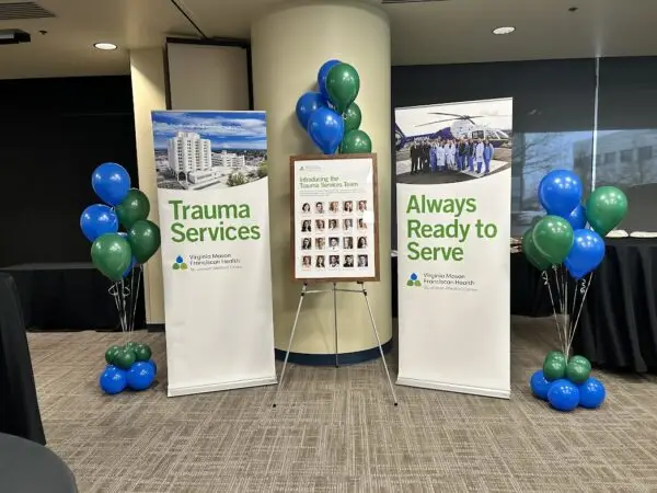 Helium balloon bouquet delivery for Virginia Mason Franciscan Health trauma device team celebration in Tacoma.