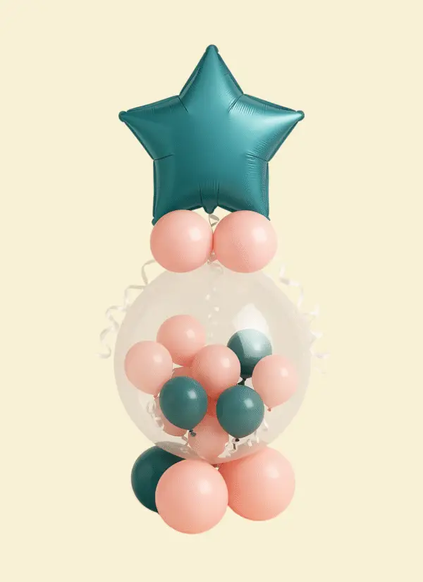 Stuffed balloon gift with clear 24 inch balloon filled with blush pink and teal mini balloons, teal star topper, and balloon base.
